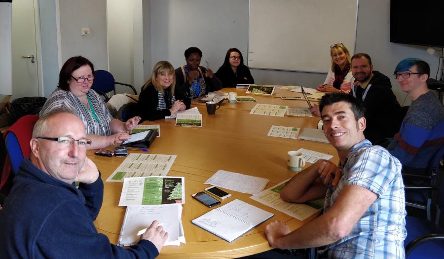 The lovely neighbourhood team sorting amends. L-R Lesley (One Manchester), Debbie (Martenscroft School), Patricia (Buzz), Kyra and Janet (People First Housing), Matt (MAFN), Mark (Squid), Patrick (MCC)