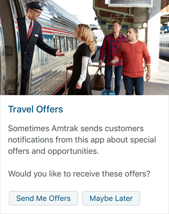 Fig 4. Various ‘nudge’ messages that don't allow you to say no: Amtrak asking 'send me offers' or 'maybe later'; SEMrush asking 'okay' or 'ask me later', and an email asking us to 'finish your purchase'.