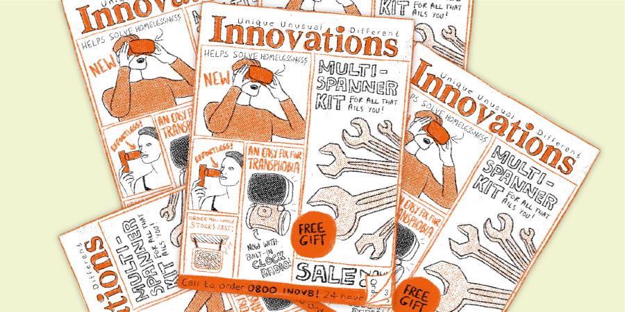 A colourful illustration of a fake Innovations catalogue cover.