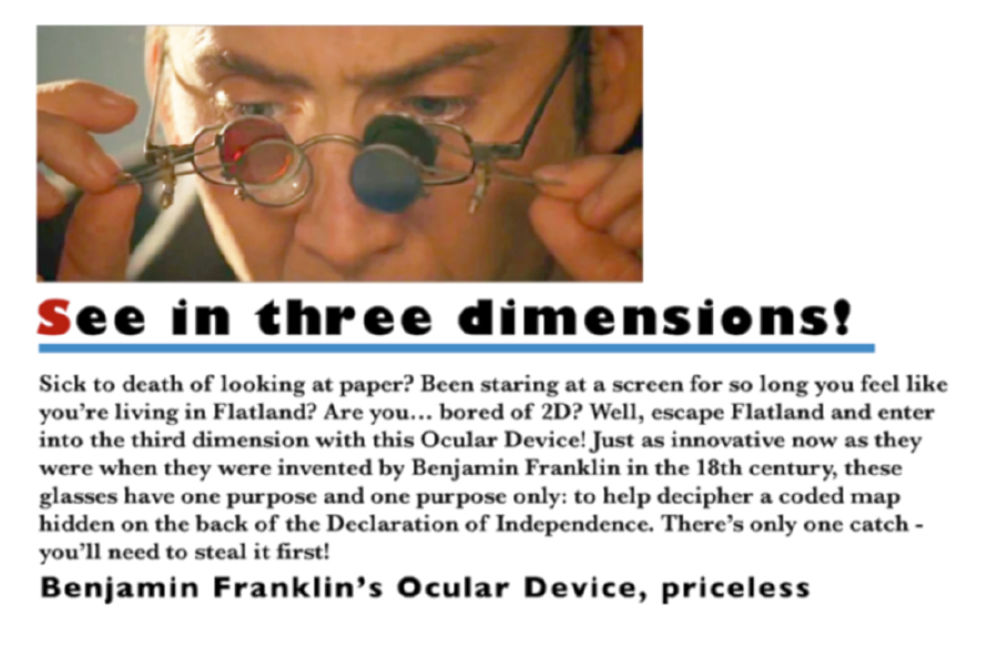 A Photoshopped satire of an Innovations magazine listing of the Ocular Device from the film National Treasure, starring Nicolas Cage.