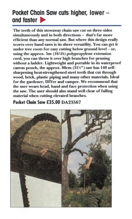 Scan of an Innovations product called 'Pocket Chainsaw'.