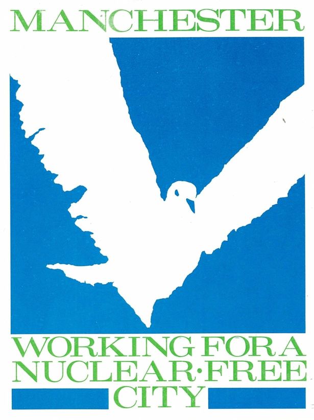 Left: a poster saying 'Manchester: Working for a Nuclear Free City'. The text is gold and there is a white sillouhette of a dove on a blue background. Right: a booklet published by Manchester City Council entitled 'Emergency Planning and Nuclear War in Greater Manchester'