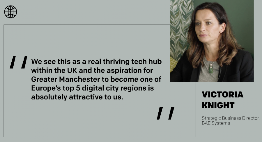 A page from GMCA's 'Doing Digital Differently' brochure. It has a profile photo of 'Victoria Knight, Strategic Business Director, BAE Systems', a middle-aged white woman with long brown hair. It has a full page quote: We see this as a real thriving tech hub and the aspiration for Greater Manchester to become one of Europe's top 5 digital city regions is absolutely attractive to us.