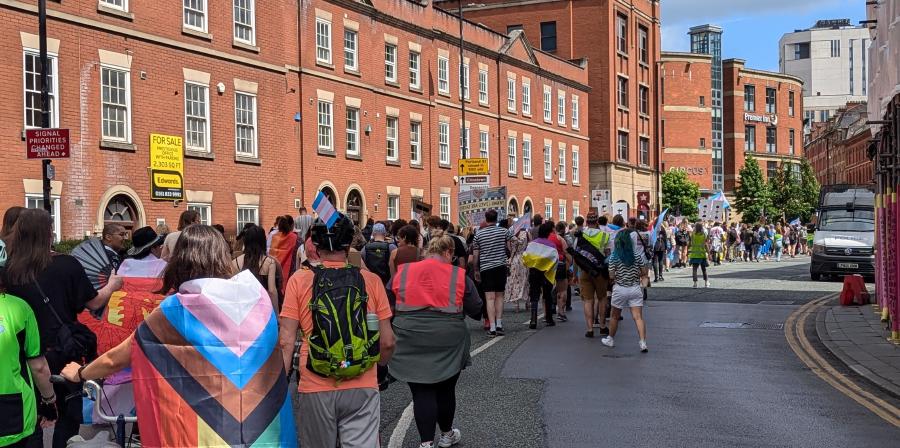 A photo of people's backs at Trans Pride Manchester. You can see the reverse of a set of protest signs, and someone pushing a bike wearing a progress flag