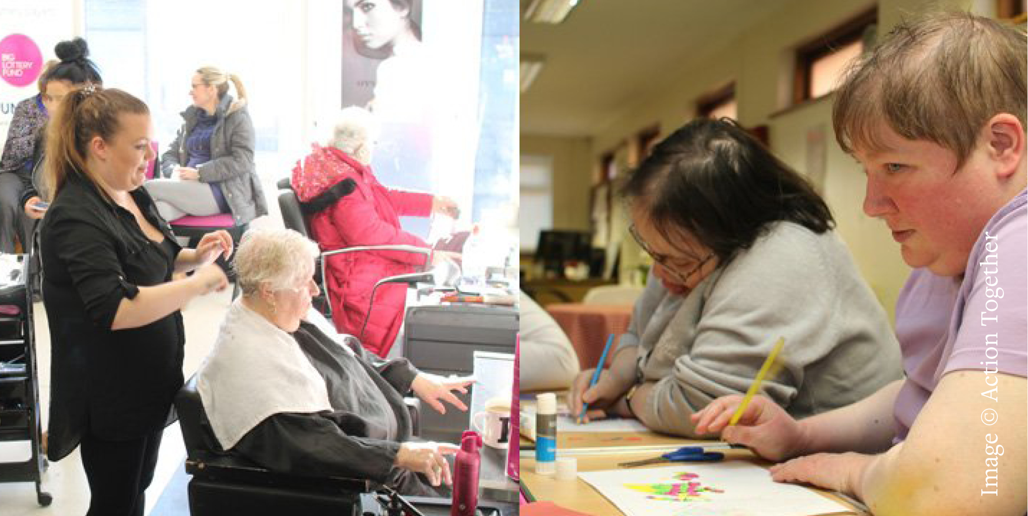 A split image showing a hairdresser cutting an older persons hair, and some young adults in a classroom setting