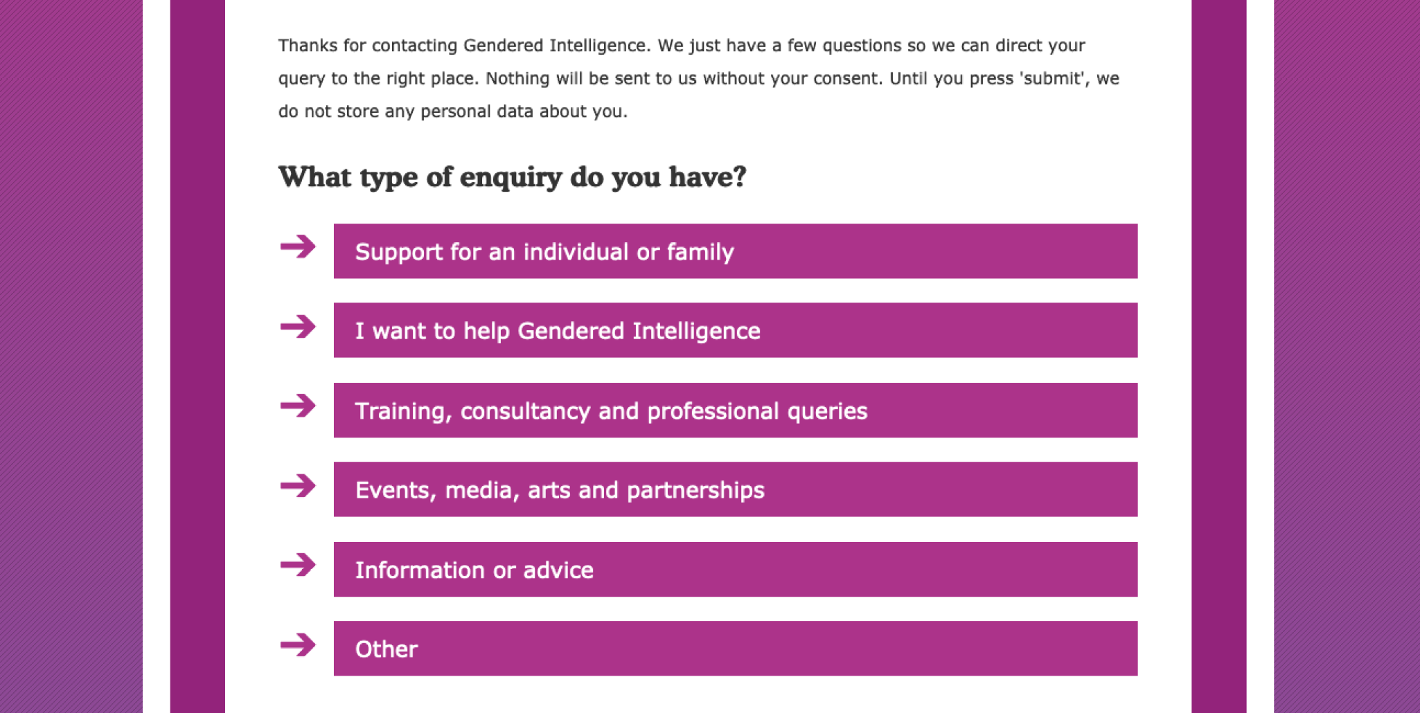 A screenshot showing Gendered Intelligence's rearranged contact page powered by EnquiryWitch