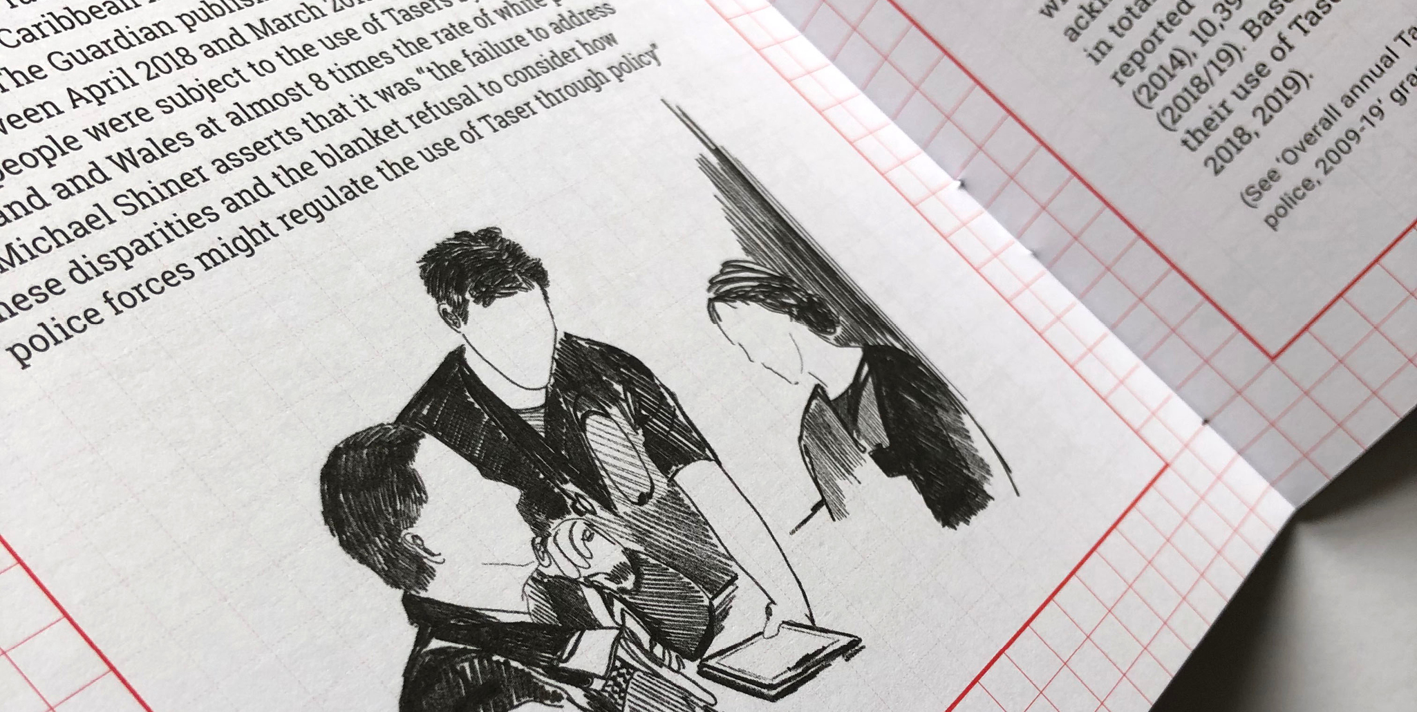 A spread showing a drawing of a police interview