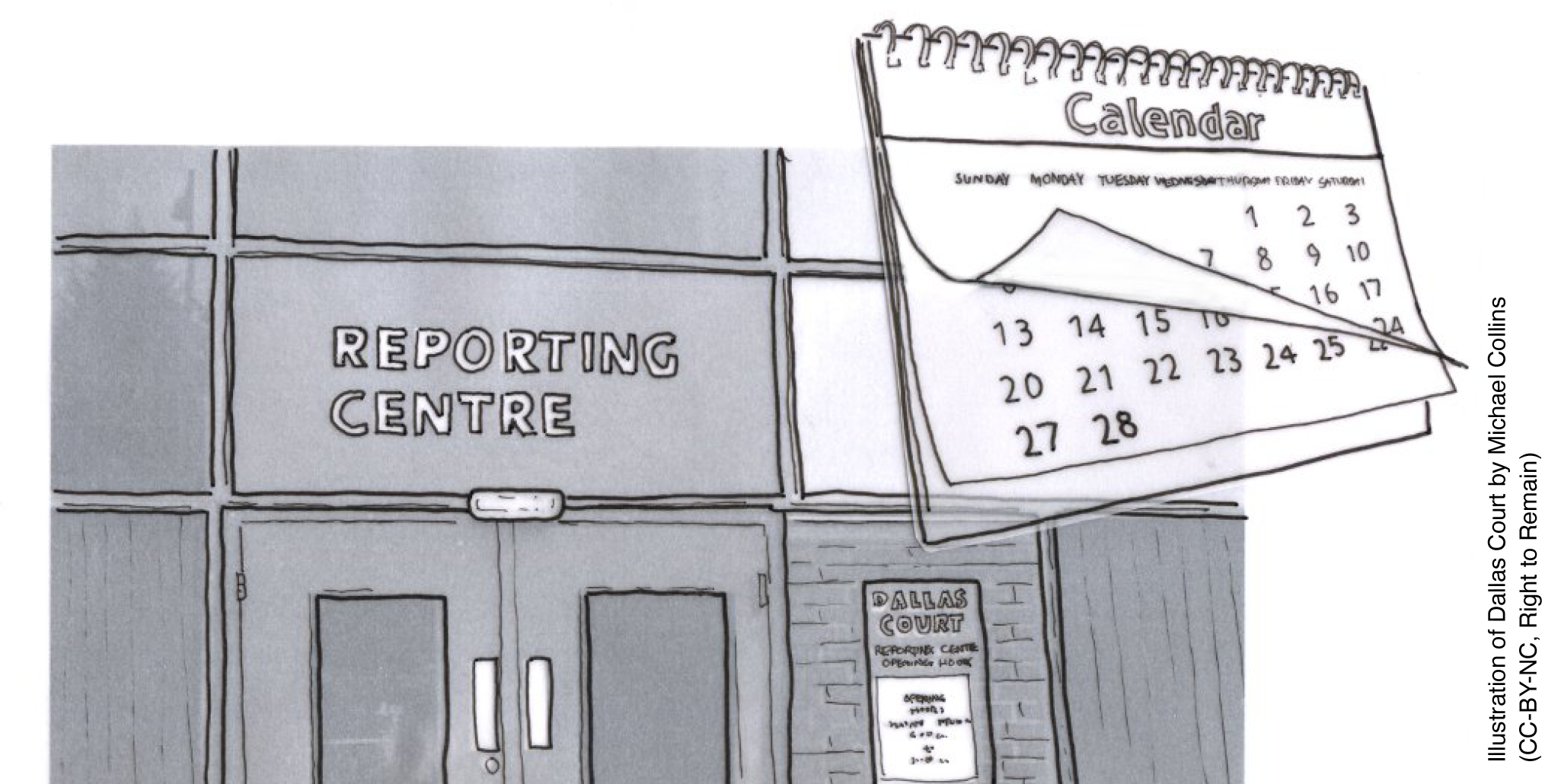 Greyscale line artwork of Dallas Court Reporting Centre and a calendar