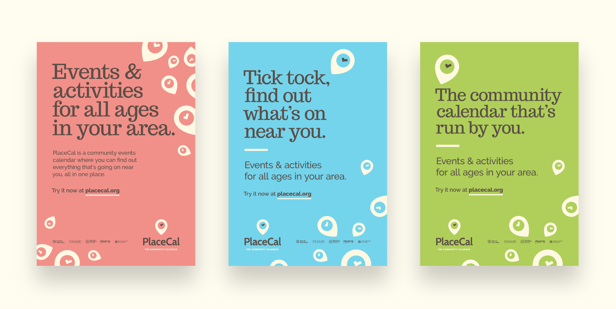 Posters advertising PlaceCal in a range of colours