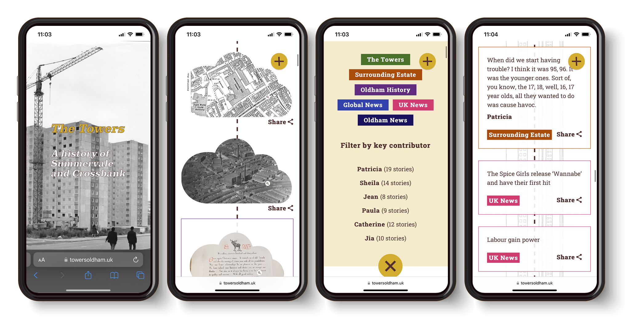 Four mockups showing the website on a mobile device, including the header image, cloud-shaped maps and aerial photos, the filtering system, and some text-based stories