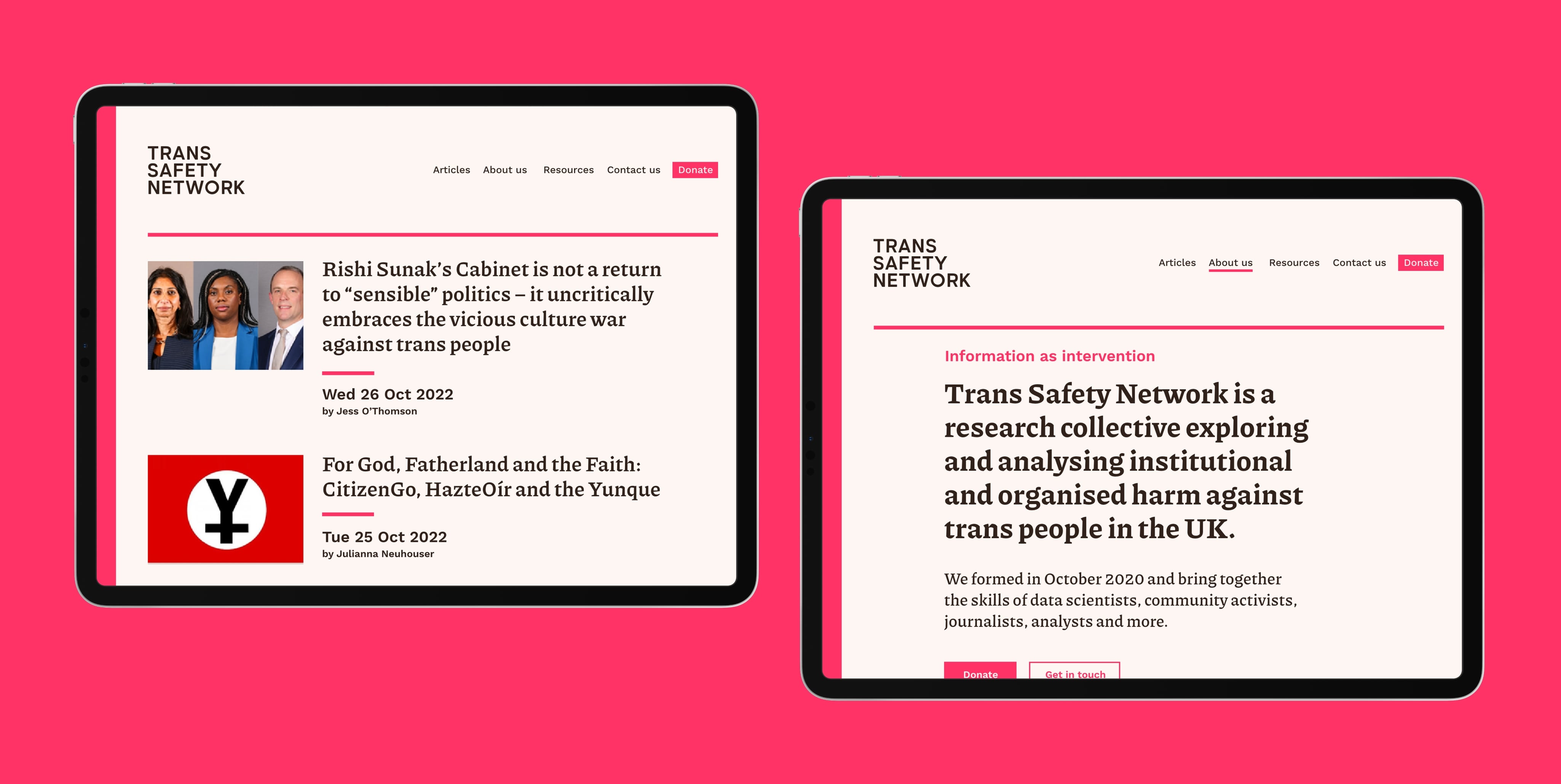 A split image showing two screenshots of the Trans Safety Network website at tablet size on a pink background