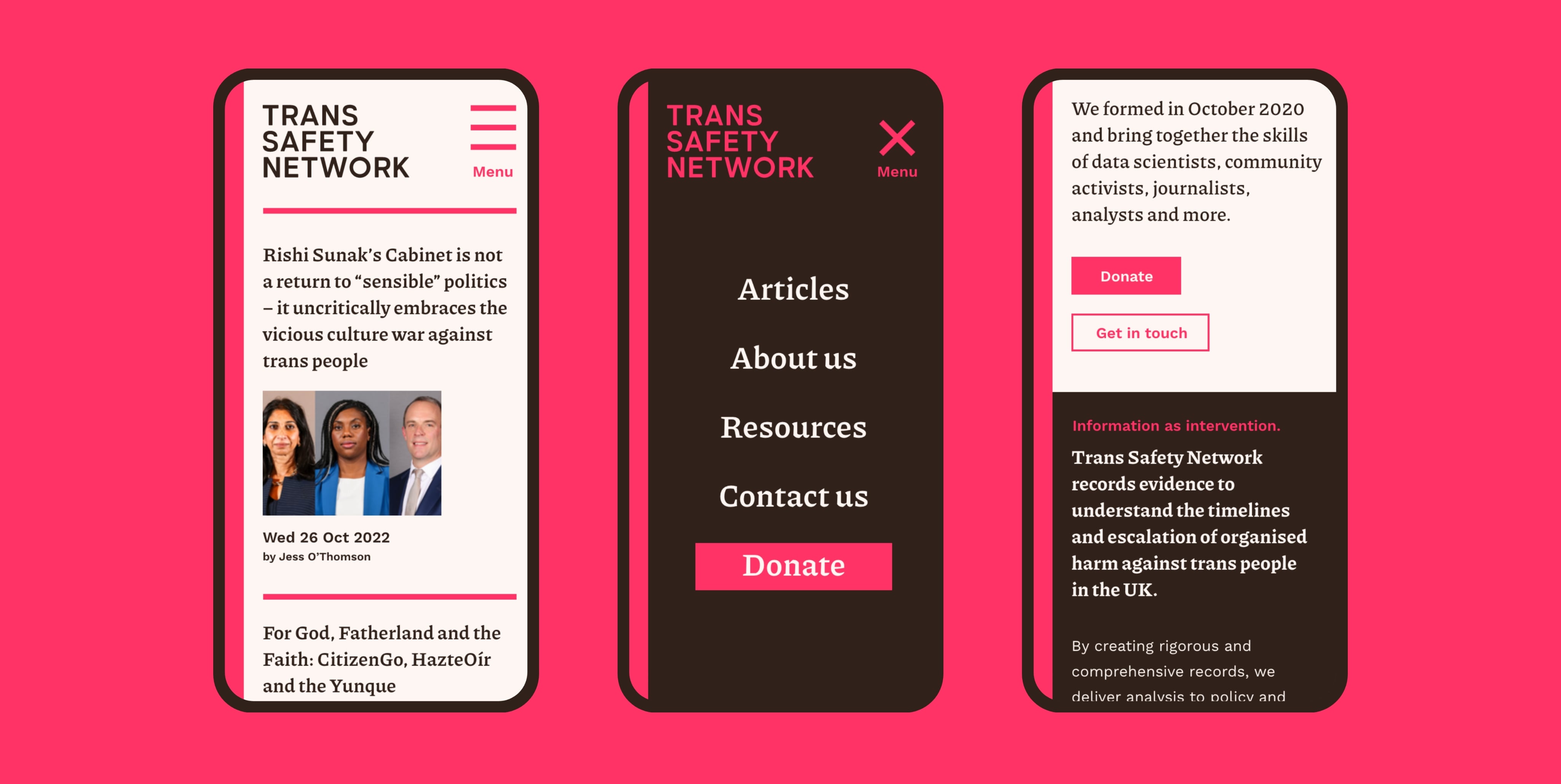 A split image showing three screenshots of the Trans Safety Network website at mobile size on a pink background