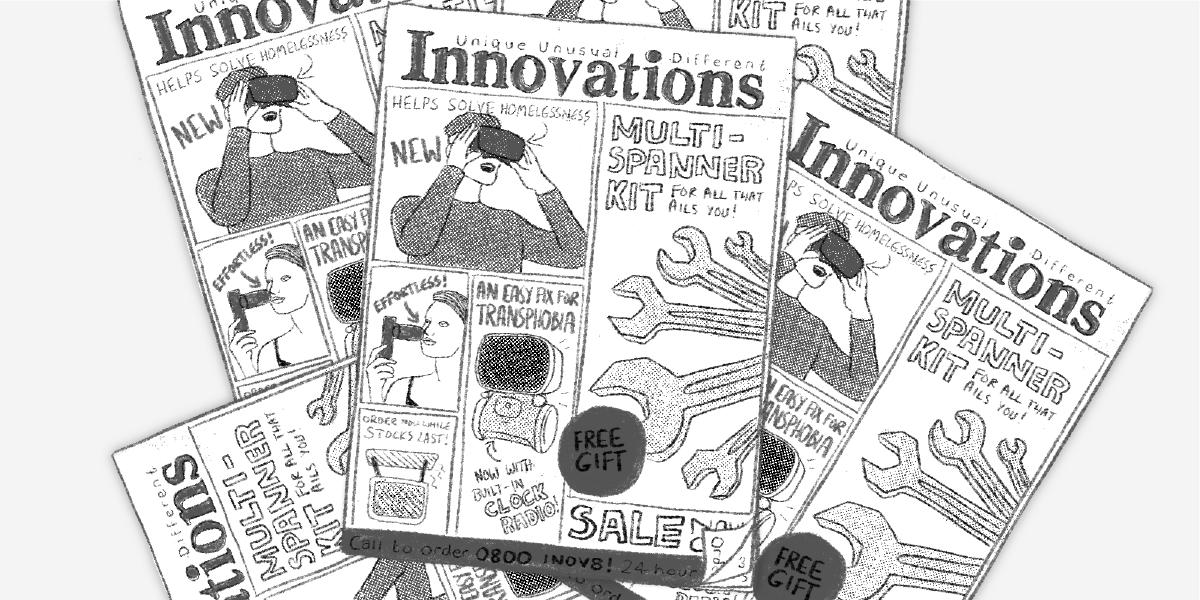 an illustration of a pile of innovations magazines with futuristic gadgets and useless inventions
